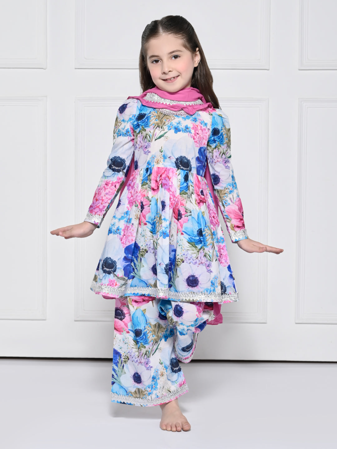 Pink & Blue floral Cotton Suit for Girls