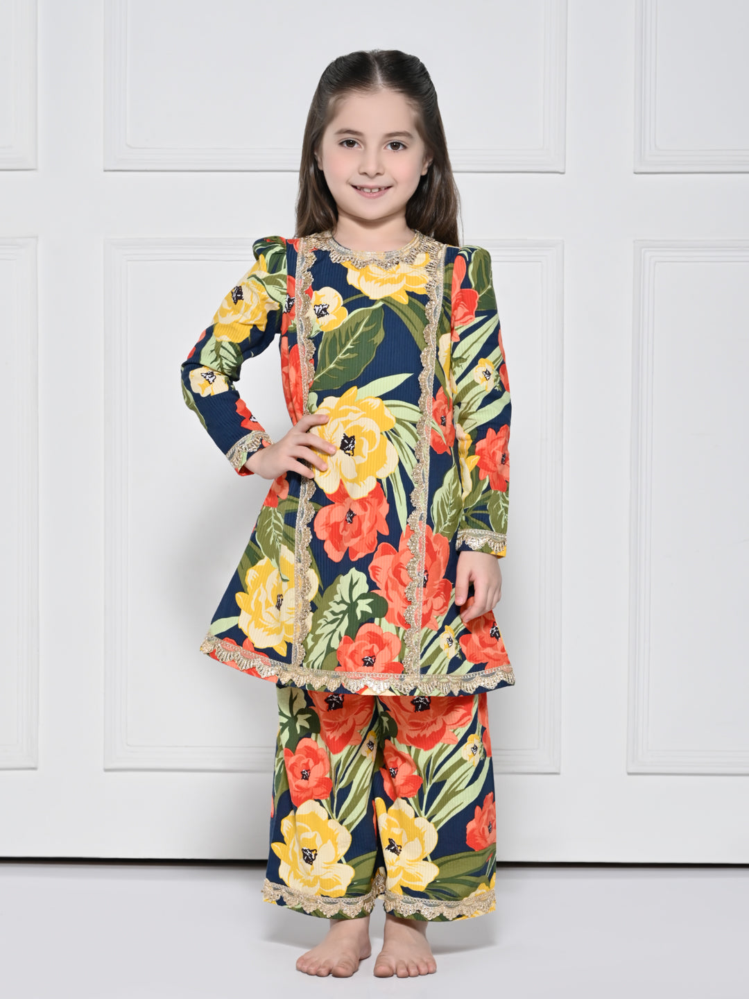 Navy Floral – A Navy Blue Cotton Suit with a Bold Floral Print for girls