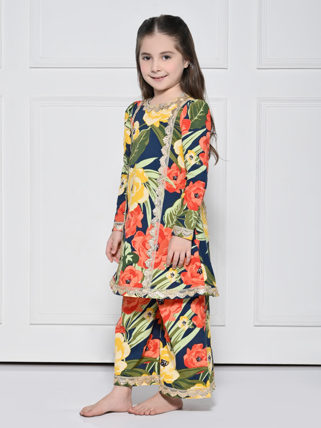 Navy Floral – A Navy Blue Cotton Suit with a Bold Floral Print for girls