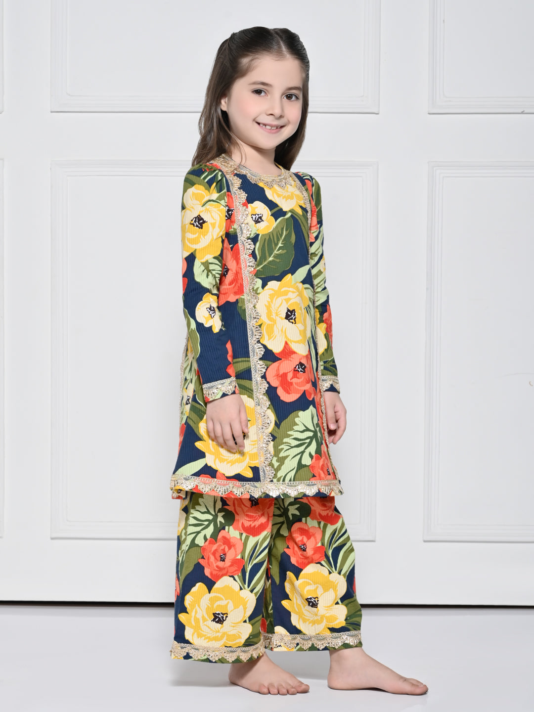 Navy Floral – A Navy Blue Cotton Suit with a Bold Floral Print for girls