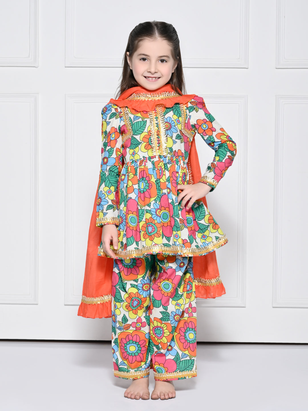 Orange Poppy – A Bright Orange Floral Print Cotton Suit for Girls
