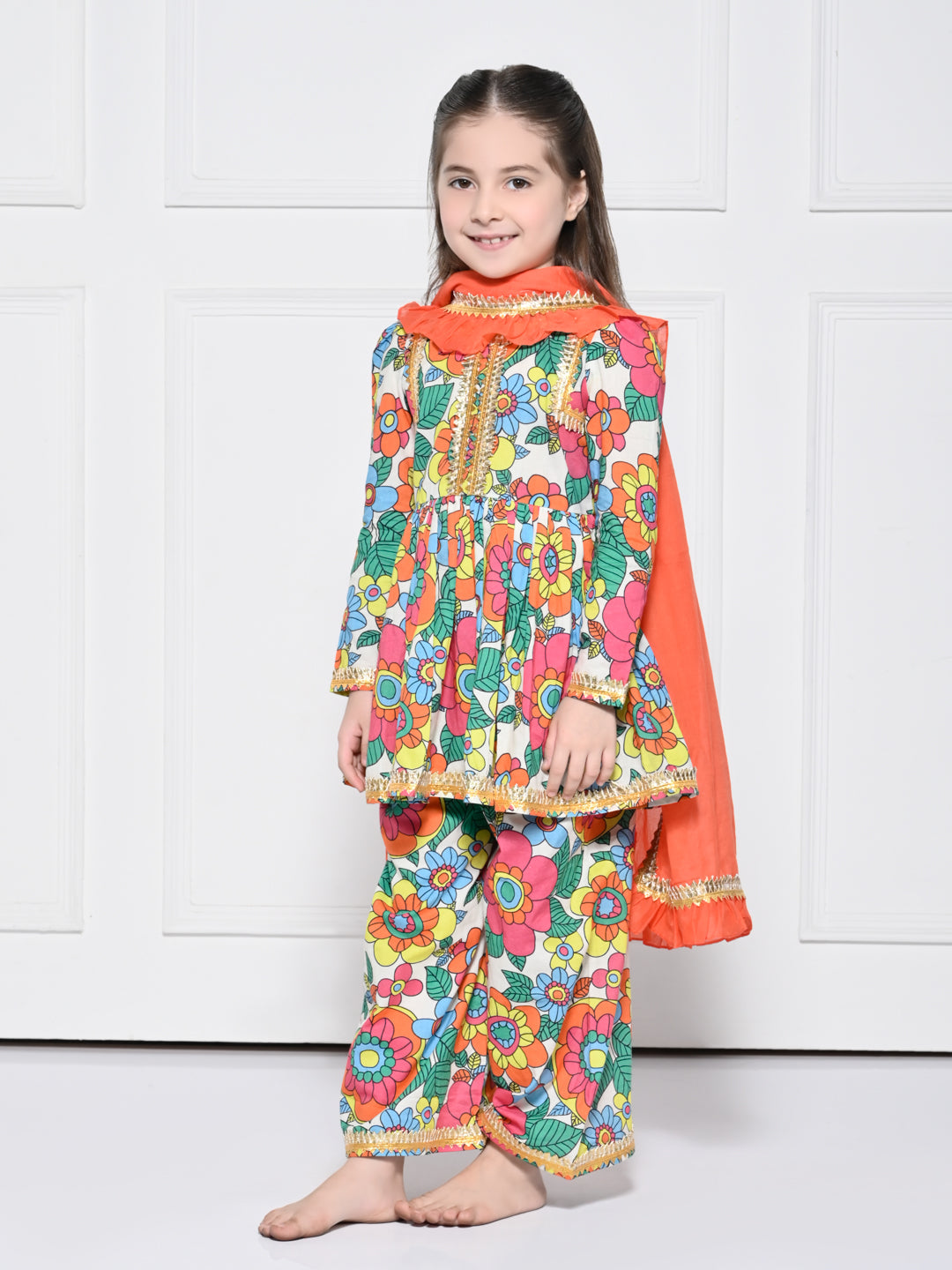 Orange Poppy – A Bright Orange Floral Print Cotton Suit for Girls