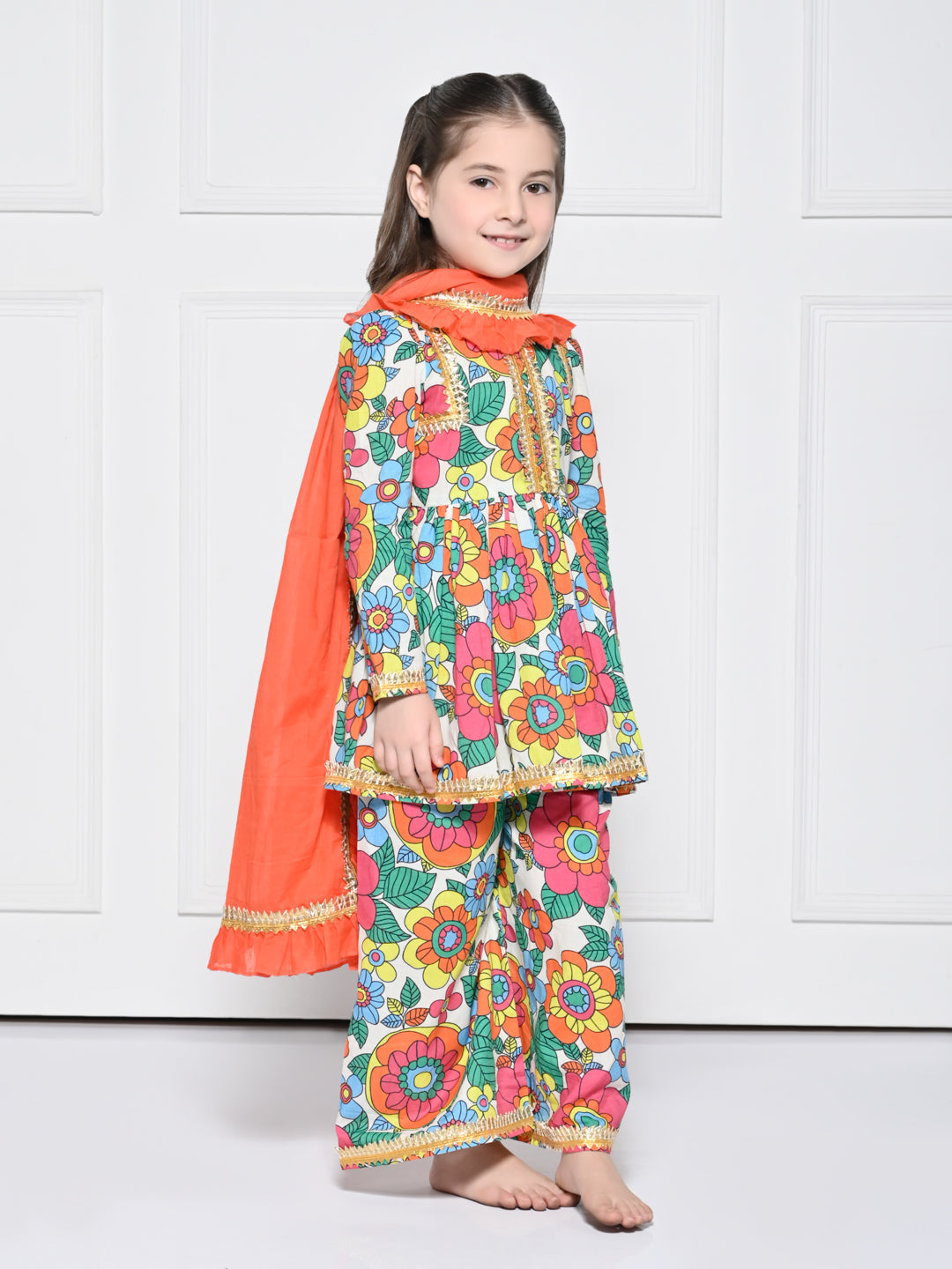Orange Poppy – A Bright Orange Floral Print Cotton Suit for Girls