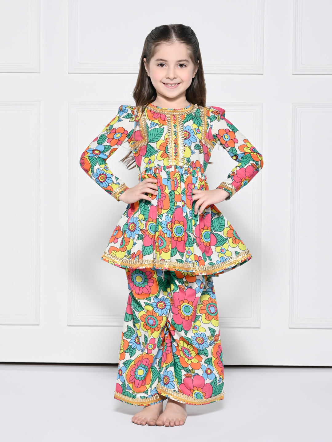 Orange Poppy – A Bright Orange Floral Print Cotton Suit for Girls