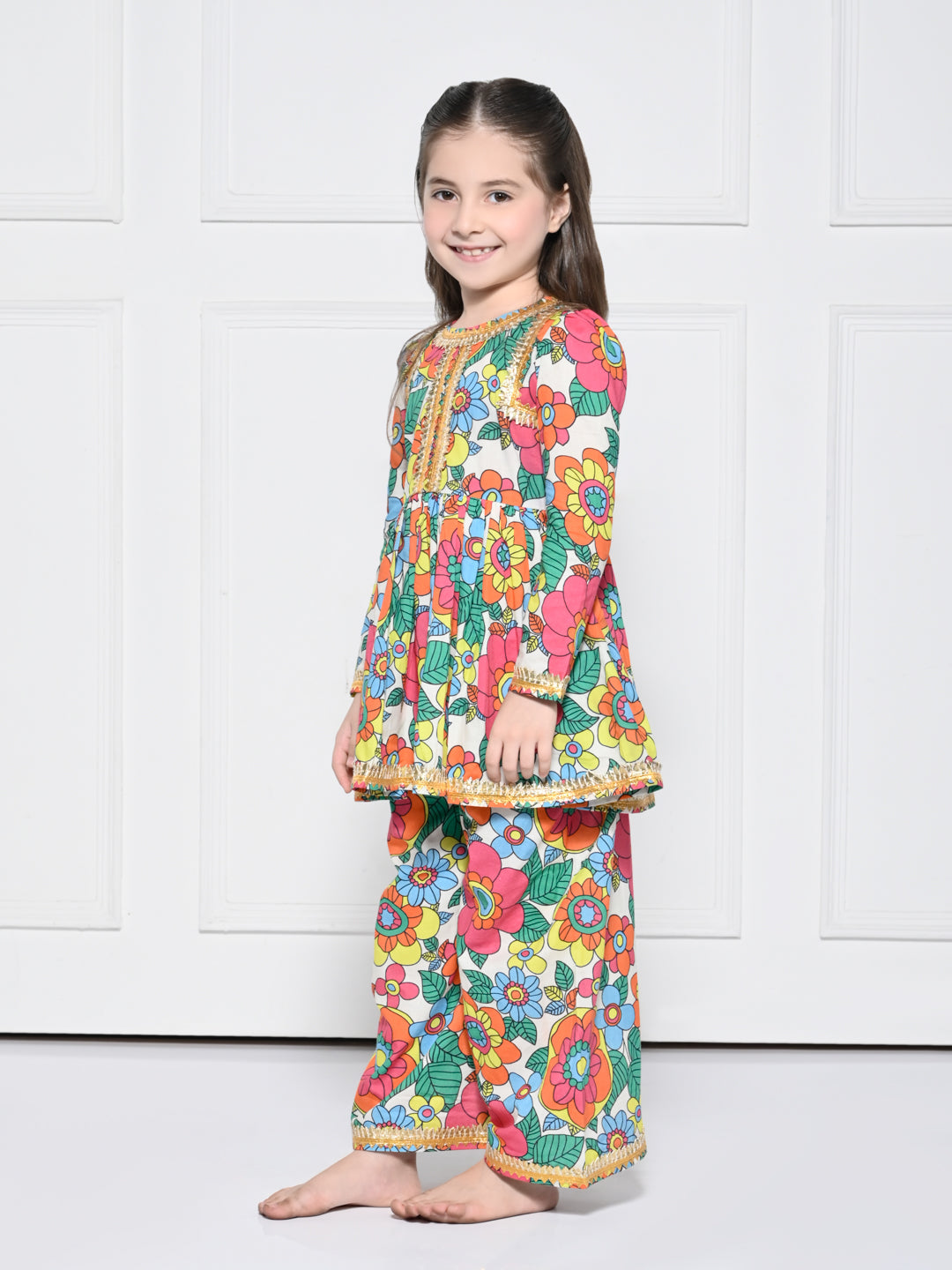 Orange Poppy – A Bright Orange Floral Print Cotton Suit for Girls