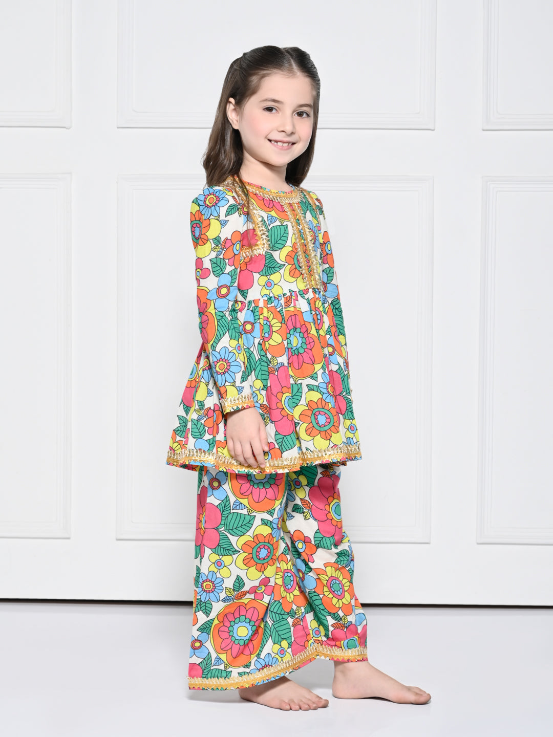 Orange Poppy – A Bright Orange Floral Print Cotton Suit for Girls