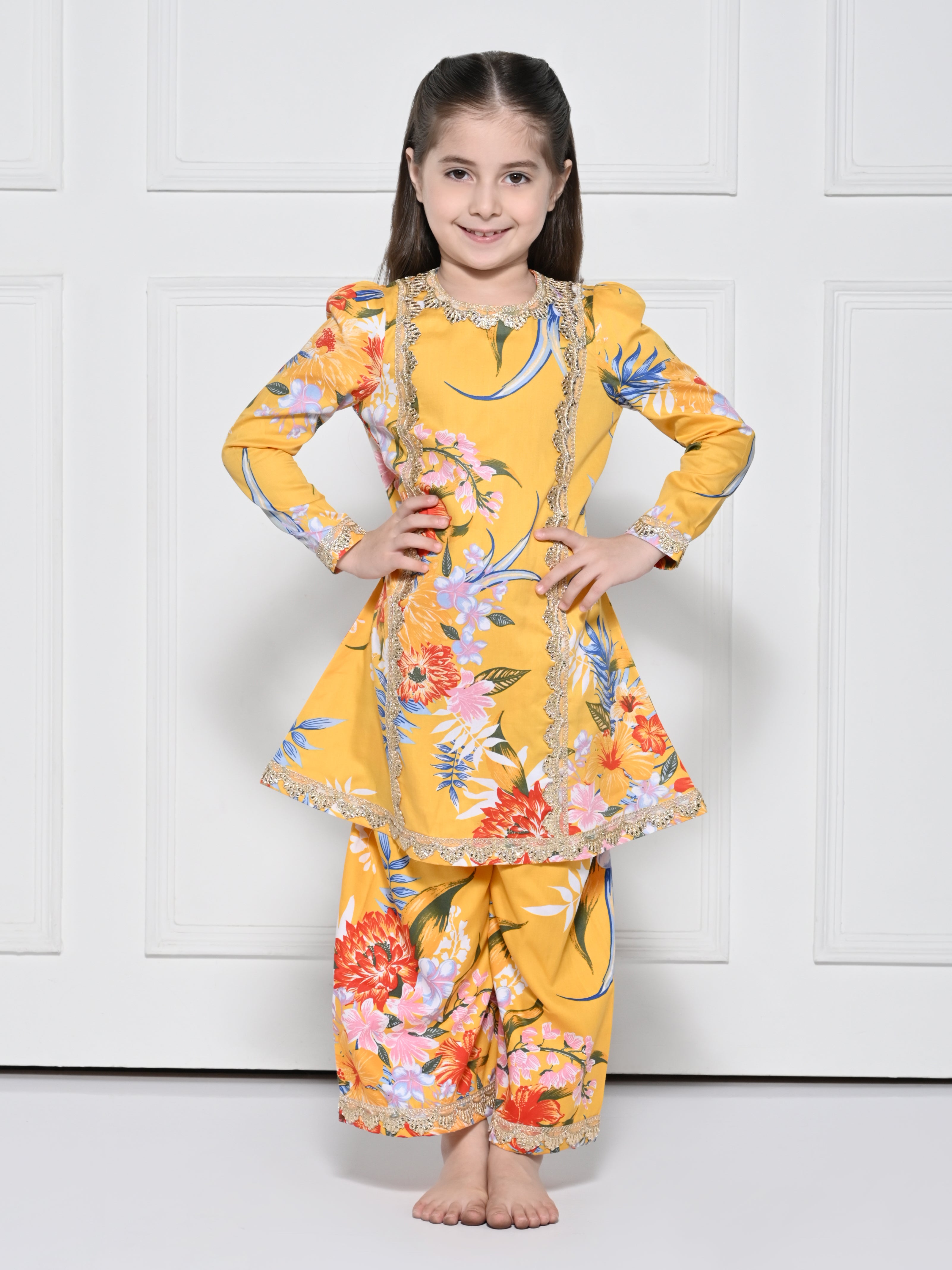 Yellow  Floral – A Yellow Rayon Suit with a Floral Print for girls