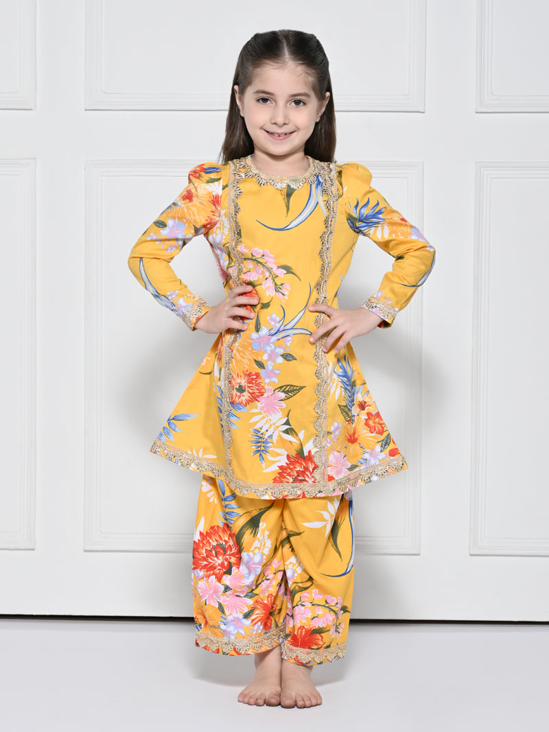 Yellow  Floral - A Yellow Rayon Suit with a Floral Print for girls