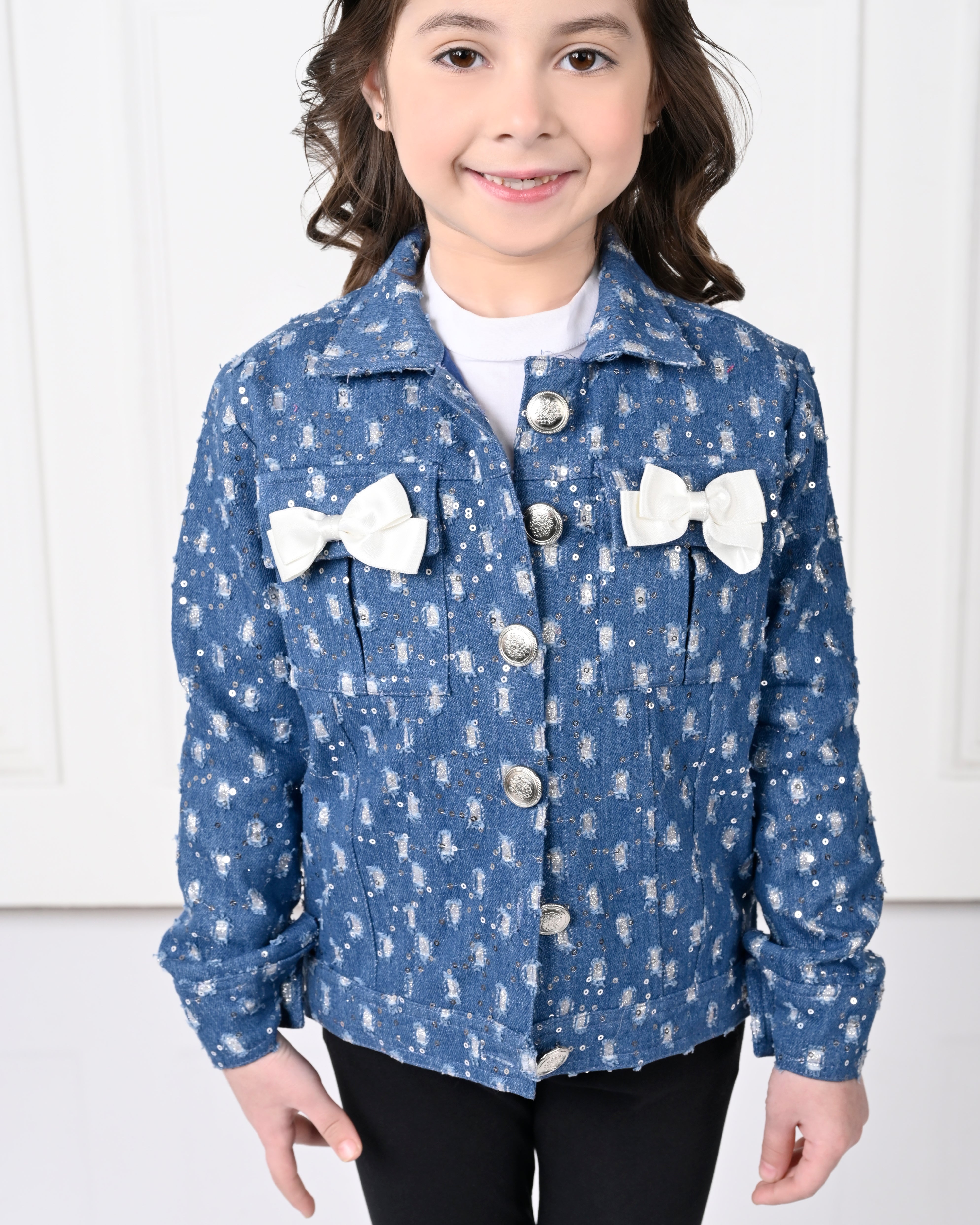 Dark  Blue  Over Size  Full Sleeve Lace with Bow Denim Jacket