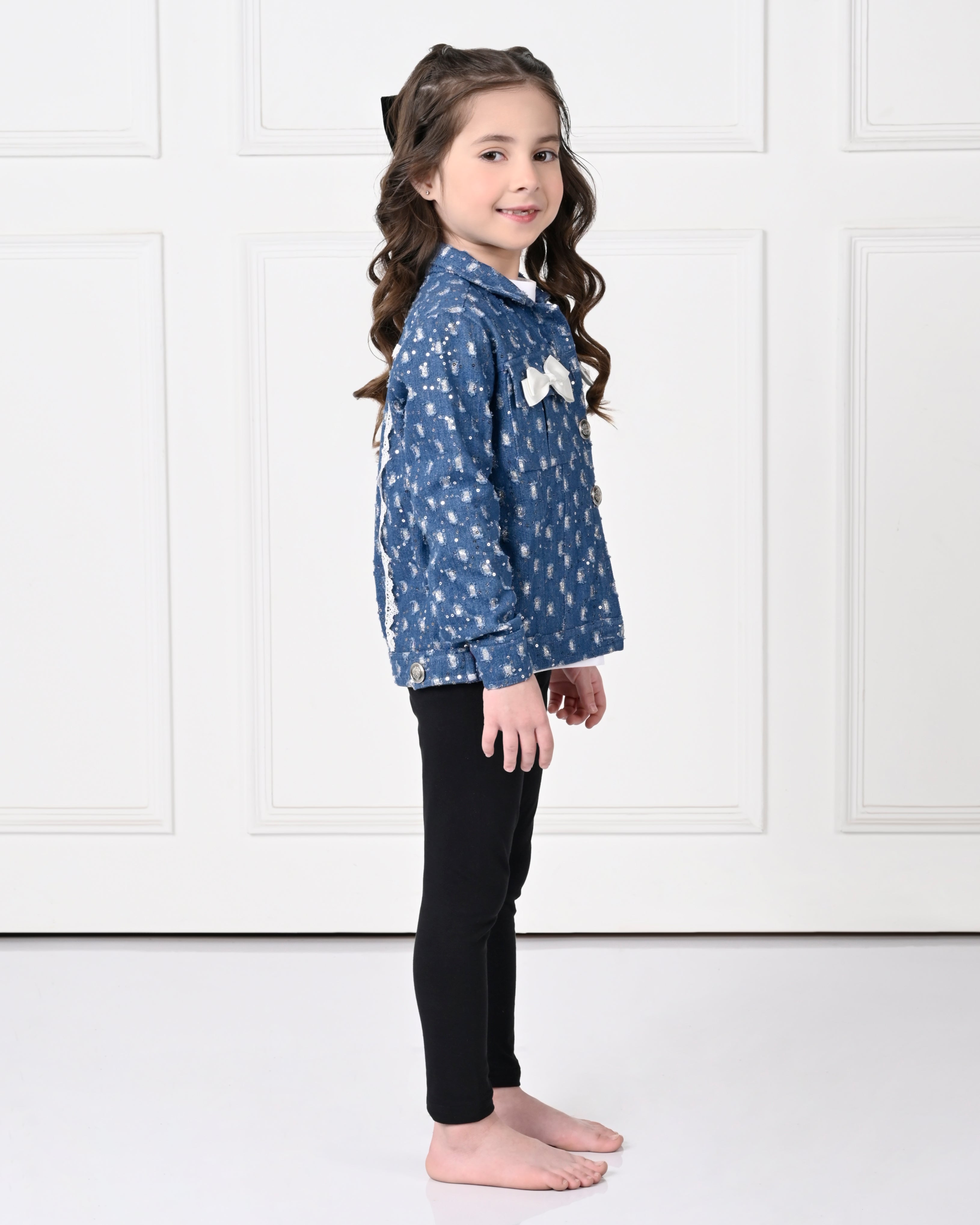 Dark  Blue  Over Size  Full Sleeve Lace with Bow Denim Jacket