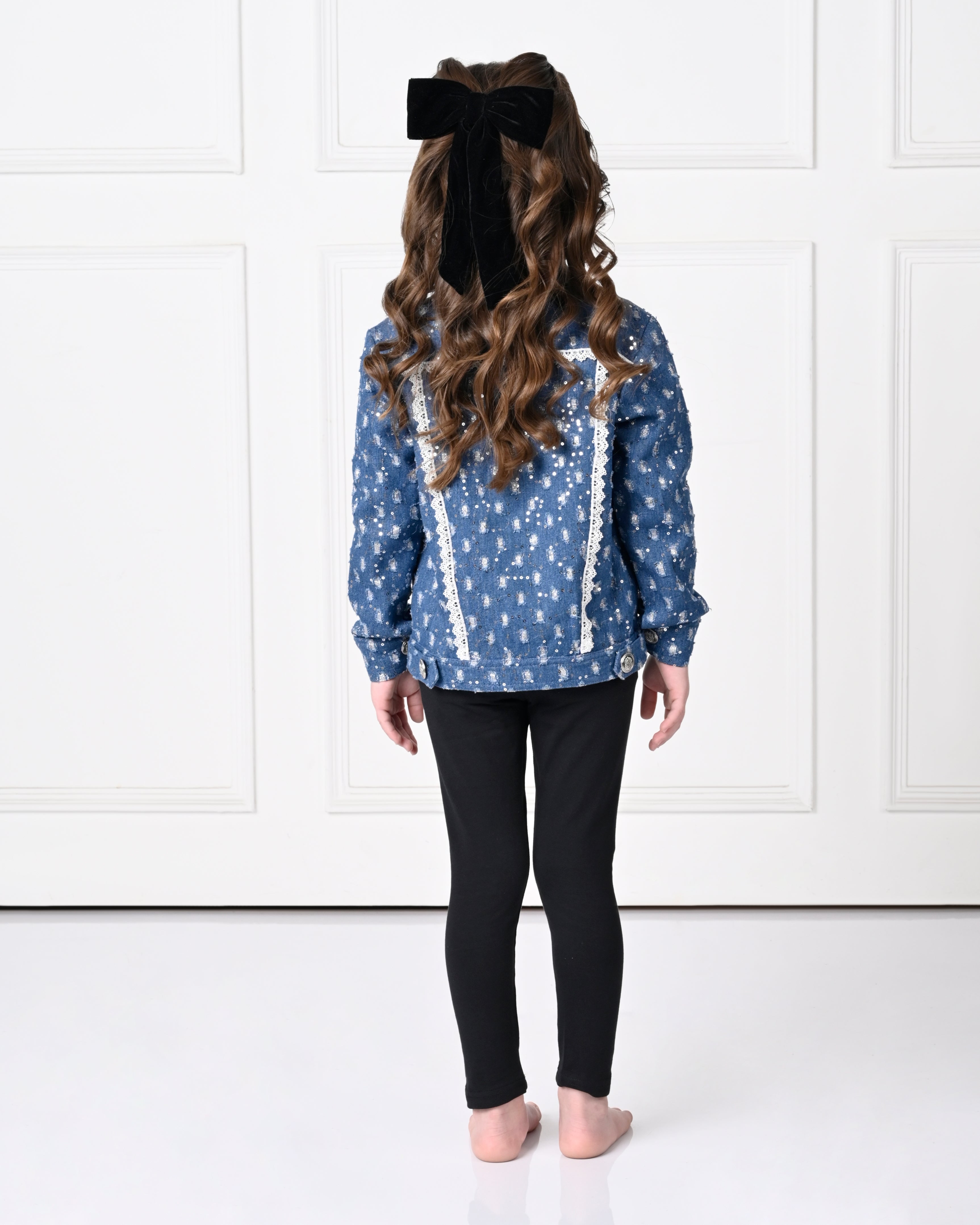 Dark  Blue  Over Size  Full Sleeve Lace with Bow Denim Jacket