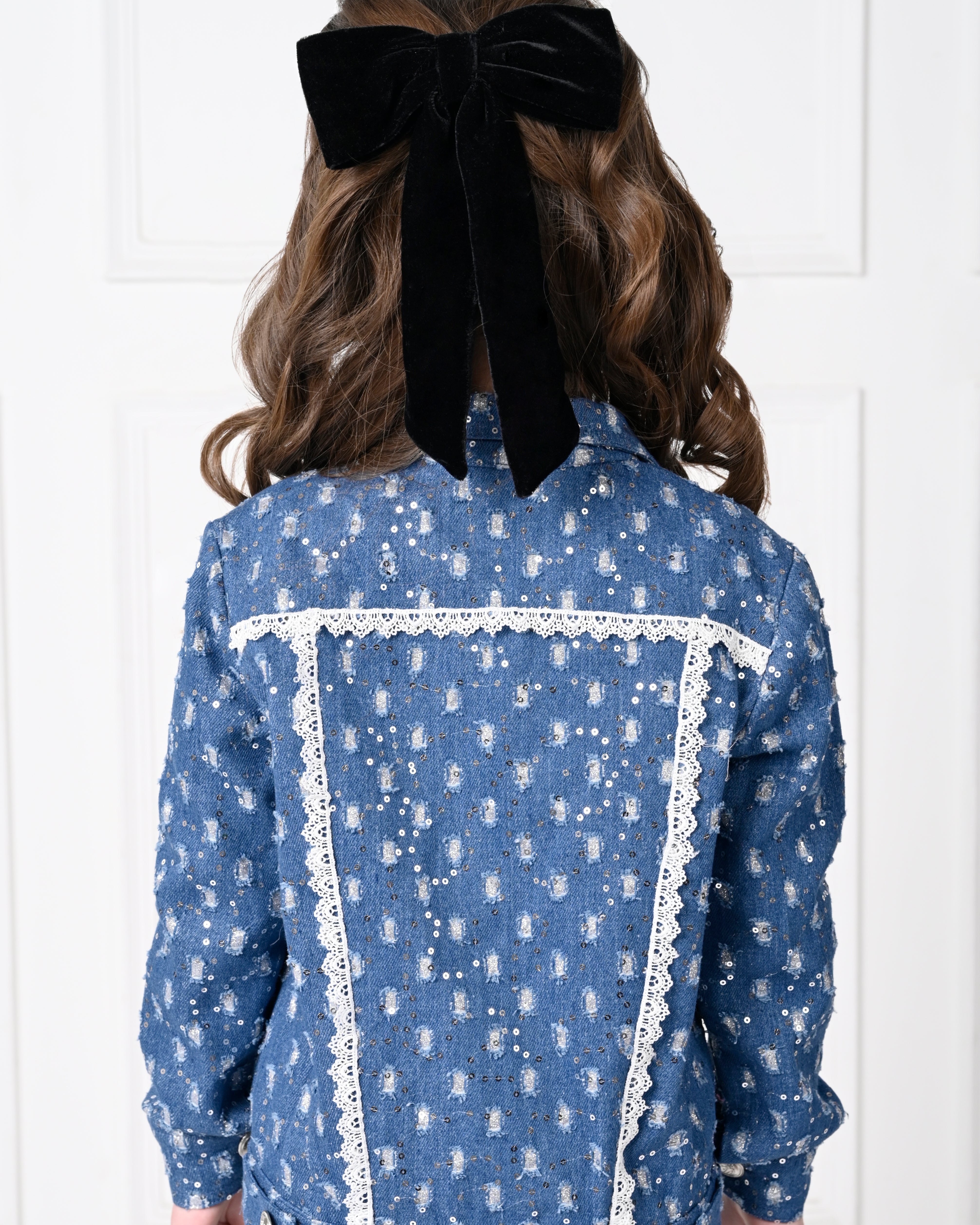 Dark  Blue  Over Size  Full Sleeve Lace with Bow Denim Jacket