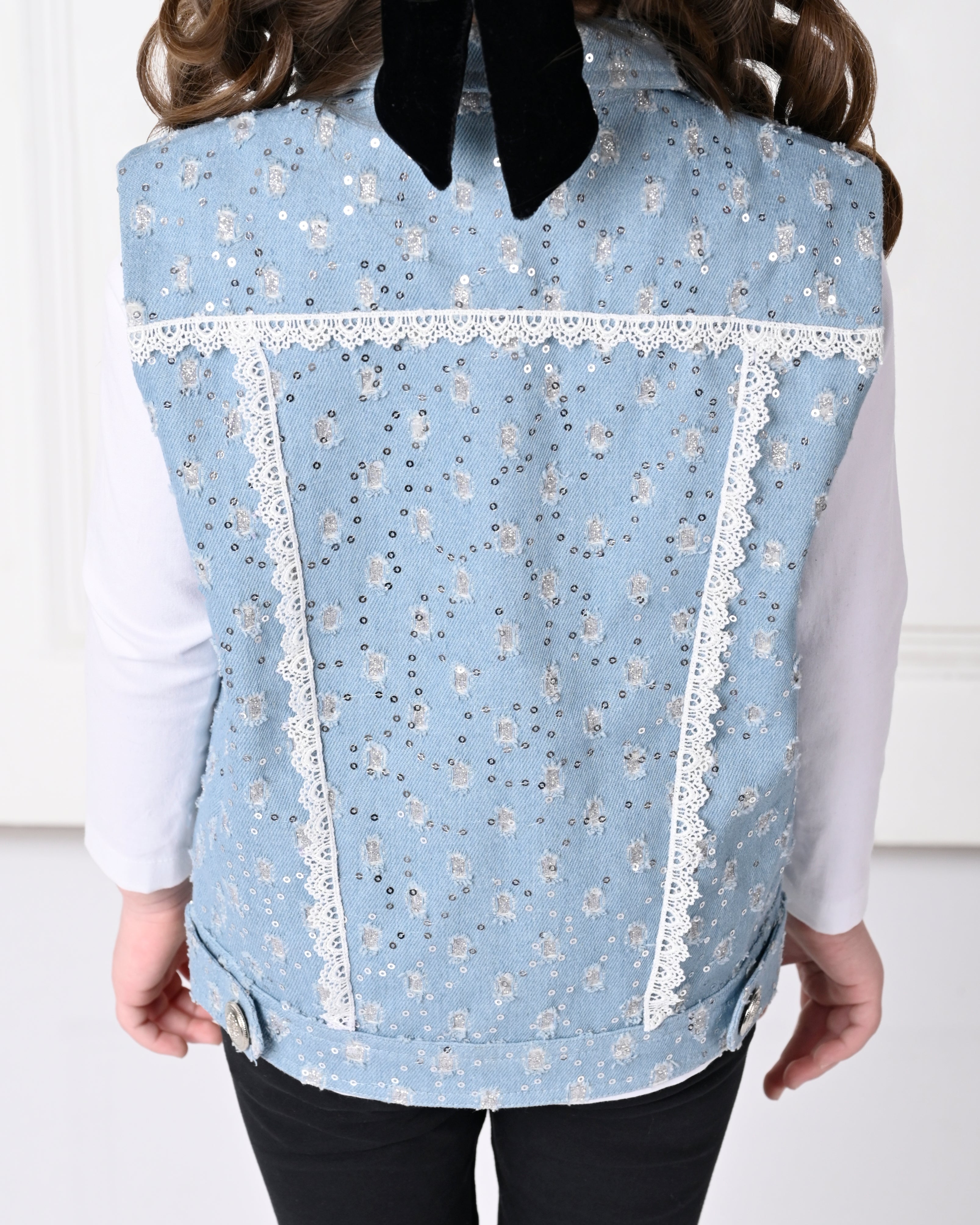 Light Blue Over Size Sequence  Sleeveless with Bow Denim Jacket