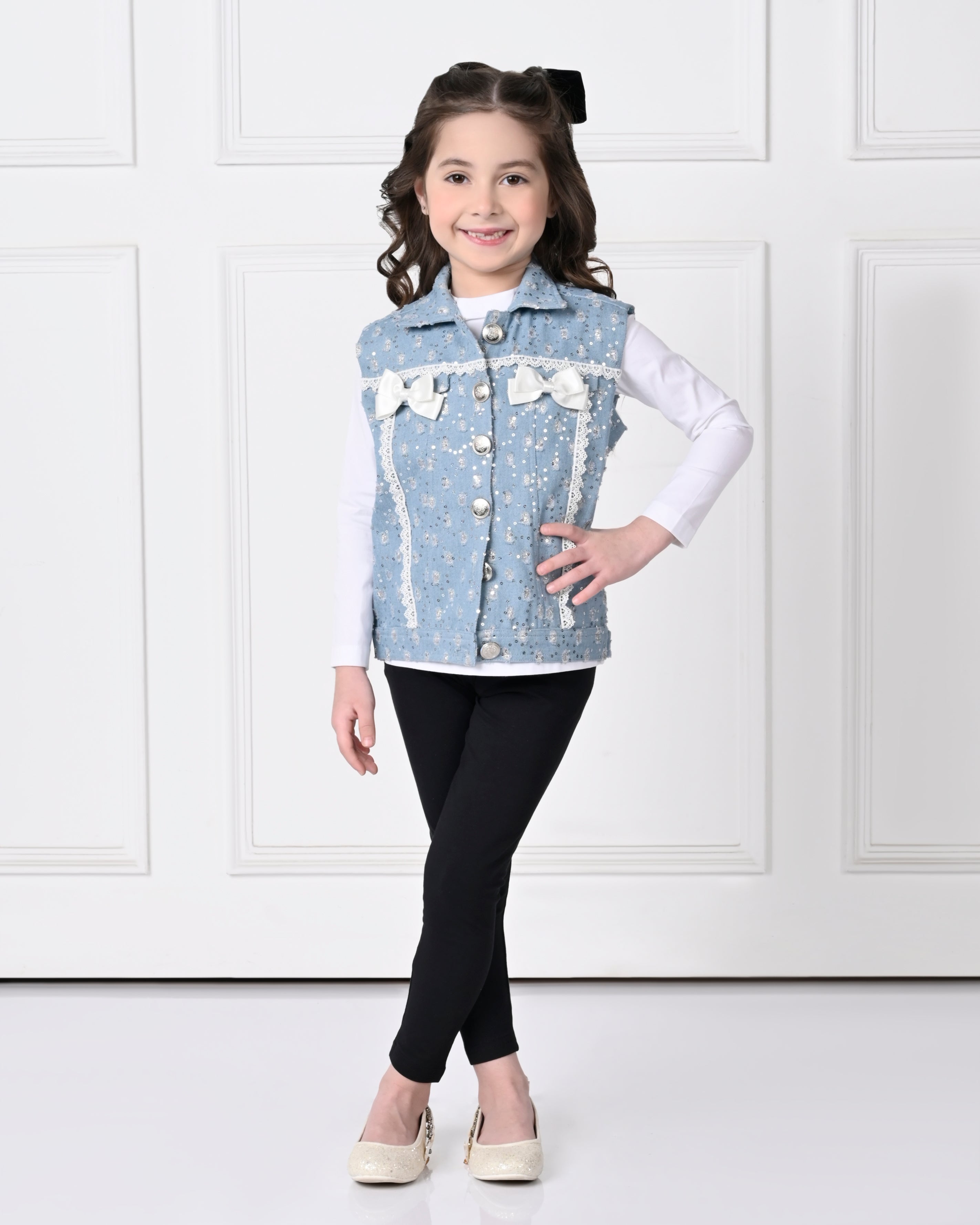 Light Blue Over Size Sequence  Sleeveless with Bow Denim Jacket