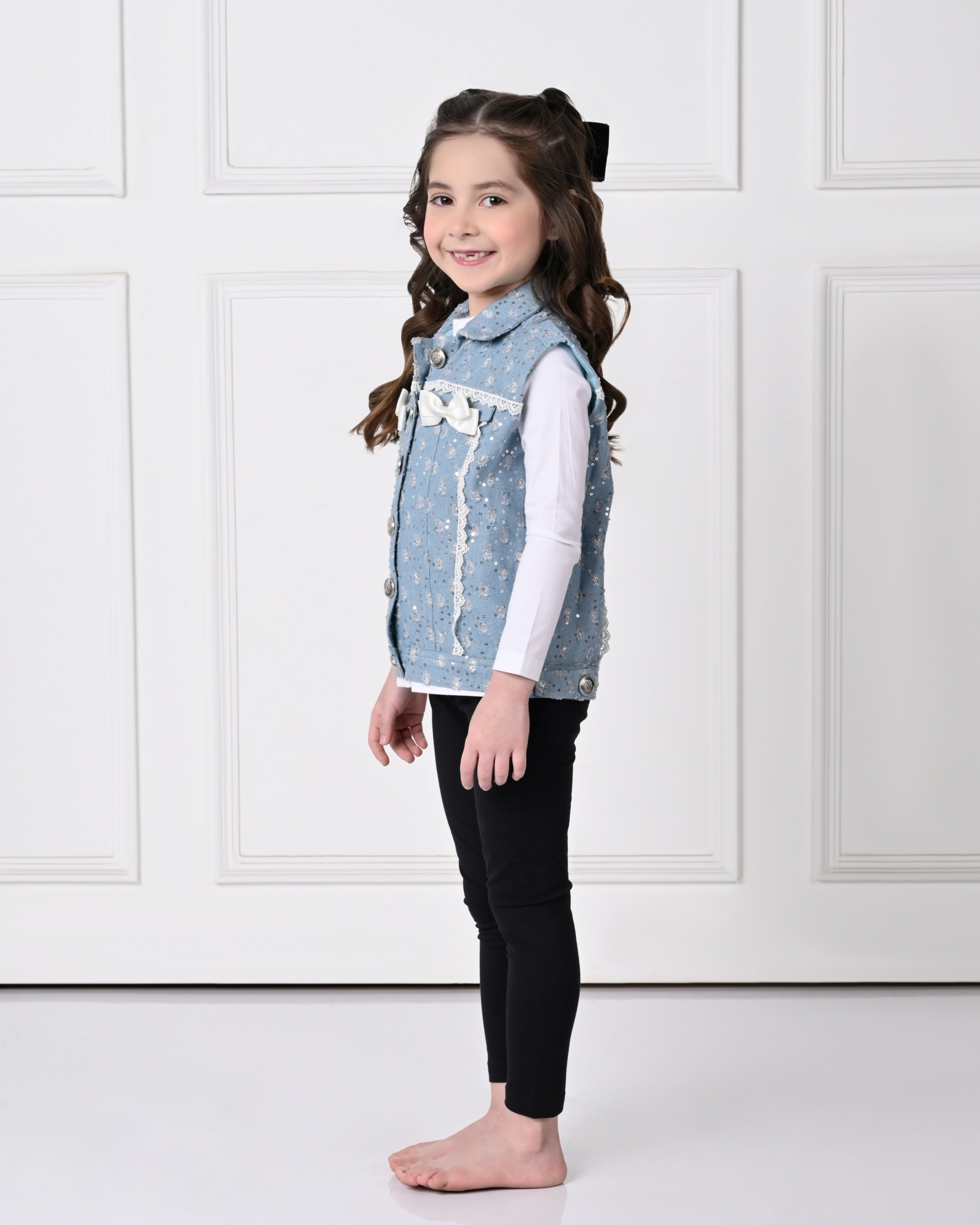 Light Blue Over Size Sequence  Sleeveless with Bow Denim Jacket