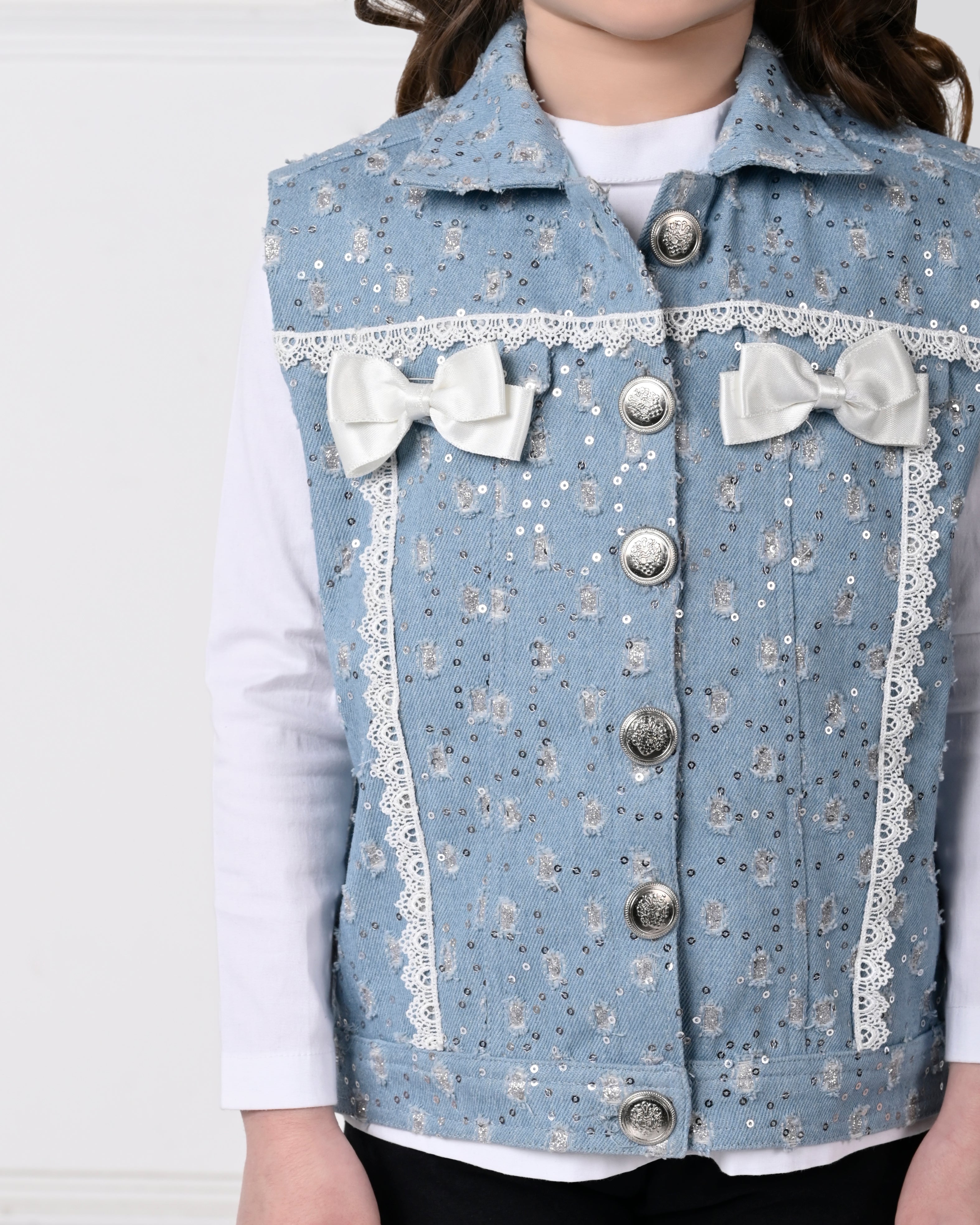 Light Blue Over Size Sequence  Sleeveless with Bow Denim Jacket