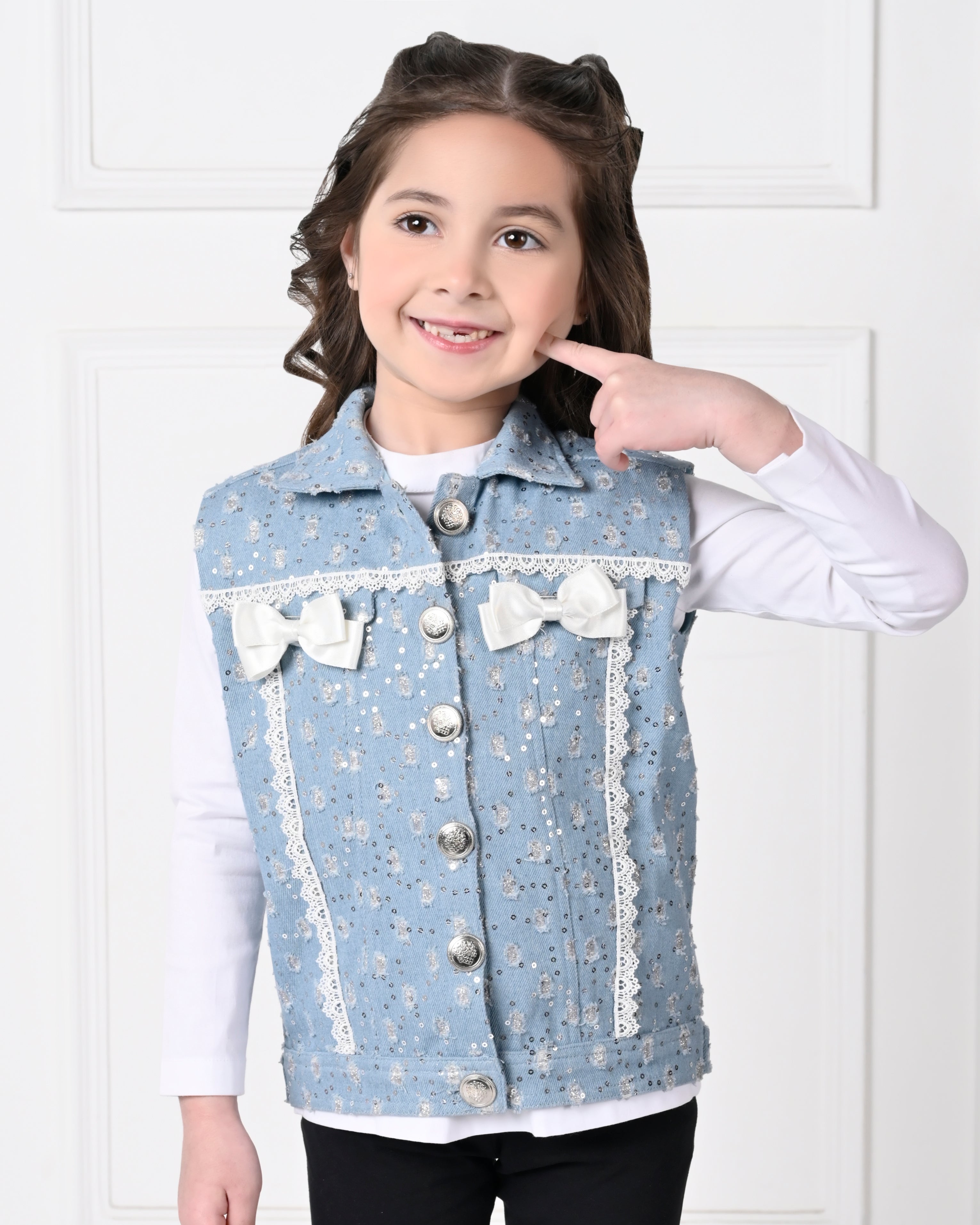 Light Blue Over Size Sequence  Sleeveless with Bow Denim Jacket