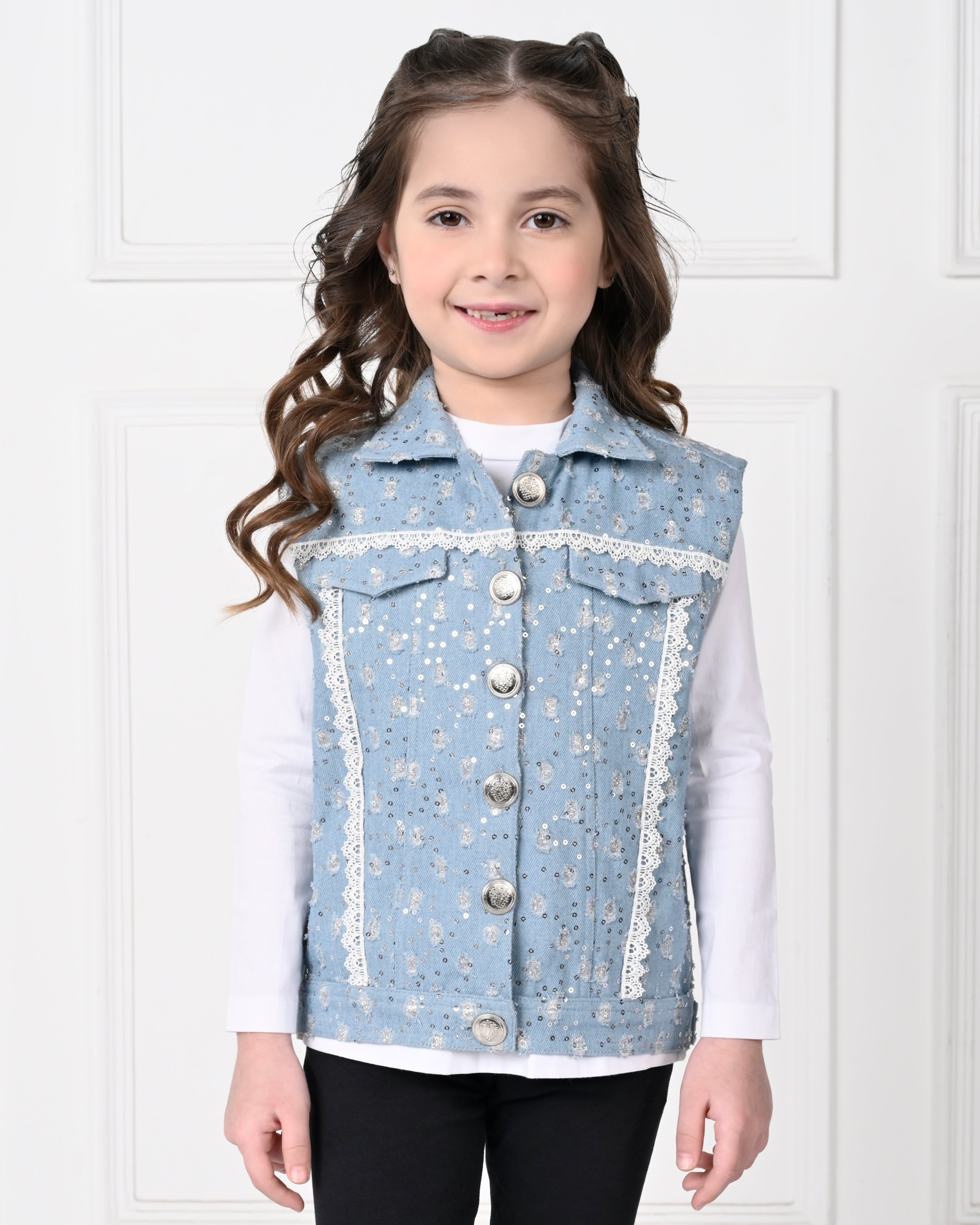 Light Blue  Over Size  Sleeveless Lace Denim Jacket