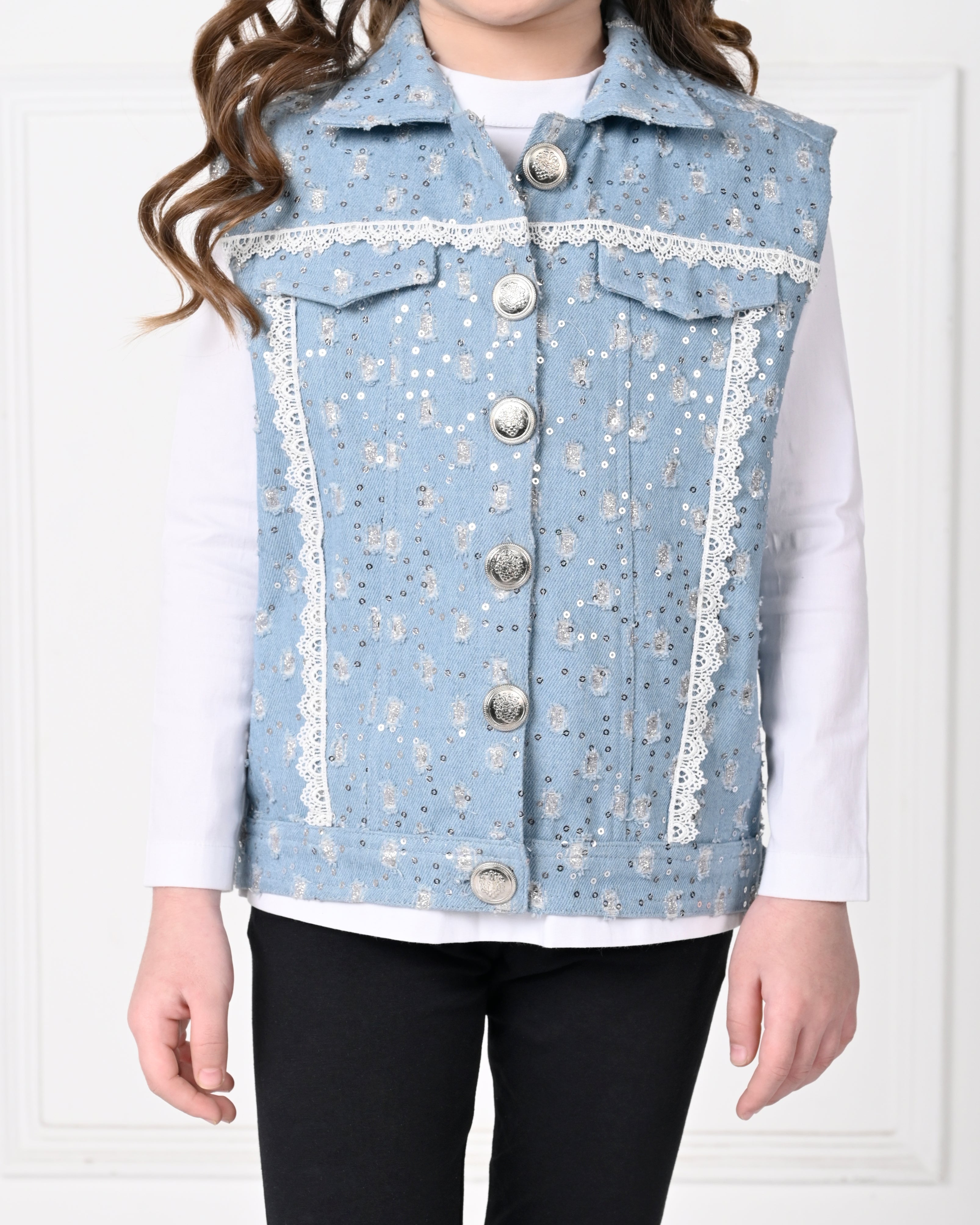 Light Blue  Over Size  Sleeveless Lace Denim Jacket