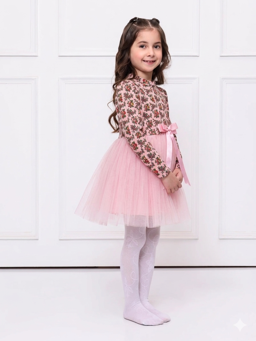 PINK CHERRY CORDUROY NET DRESS