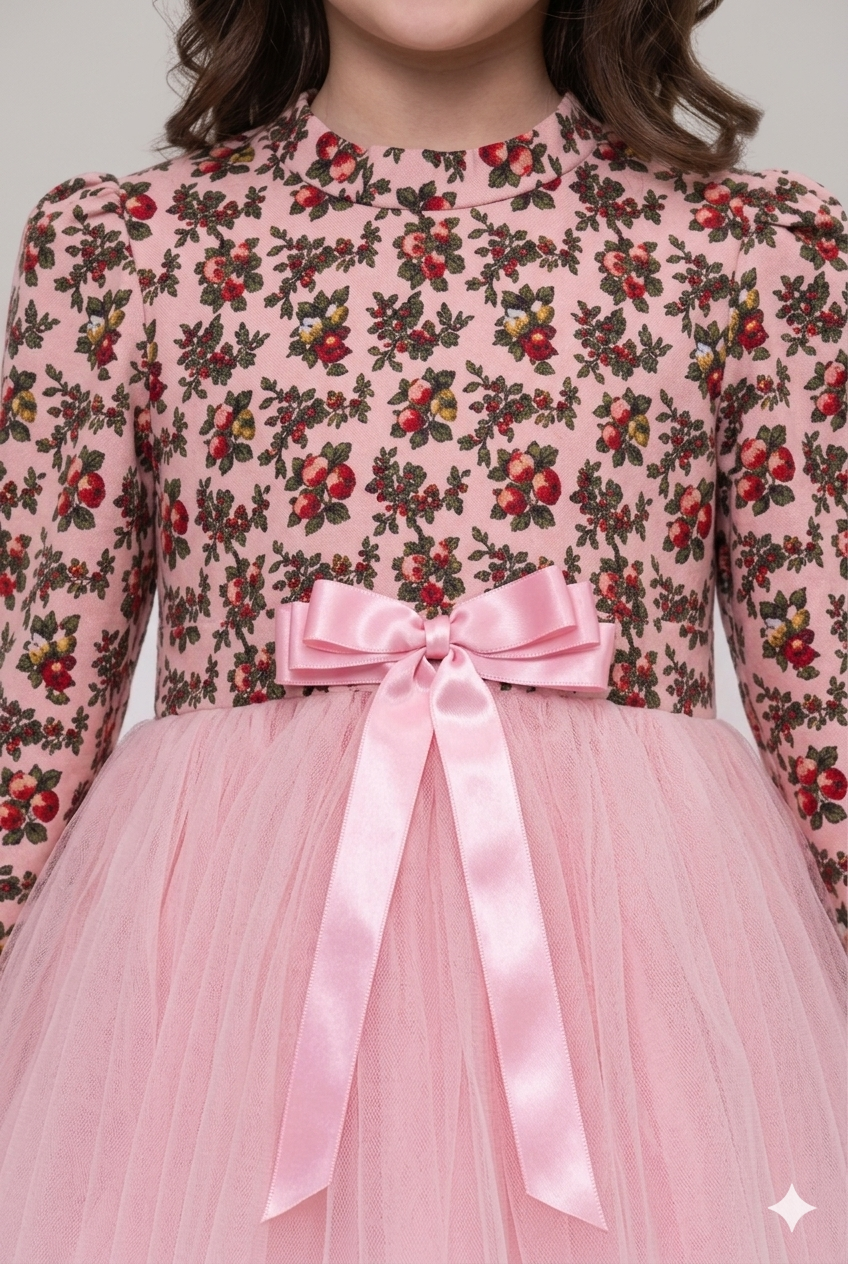 PINK CHERRY CORDUROY NET DRESS