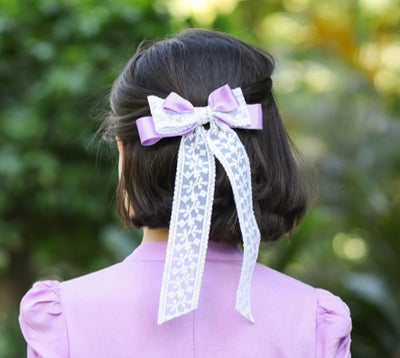 Purple bow with white lace hair clip