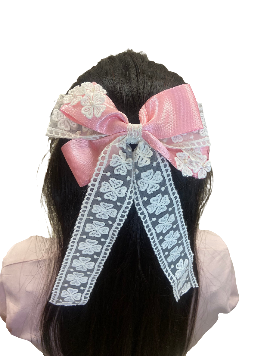 Baby pink ribbon bow hair clip with flowers
